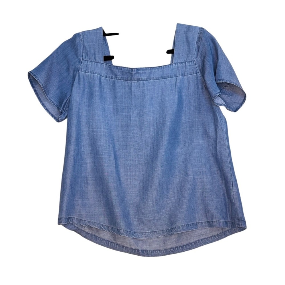 Saks Fifth Avenue Blue Chambray Short Sleeve Blouse Size Small Excellent